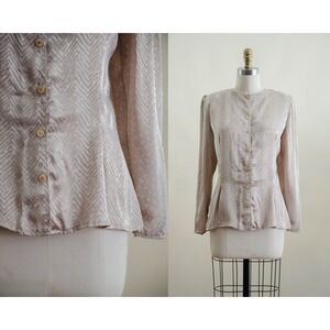 beige polka dot blouse chevron striped jacquard silky nipped waist shirt